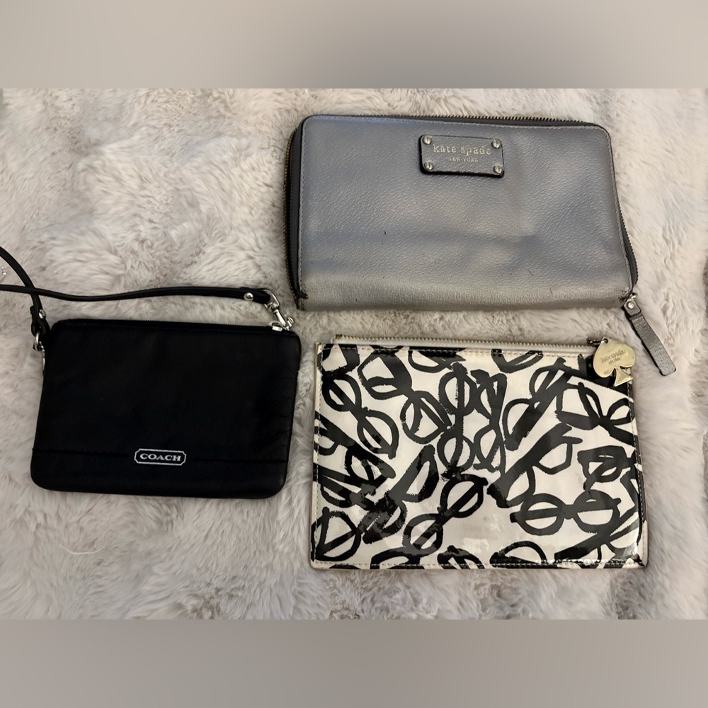 Kate Spade Silver Wallet, Coach Wristlet, and Kate Spade pouch Lot!